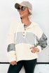 Waffle Knit Stripe Patchwork Henley Drawstring Hood Drop Shoulder Long Sleeve Top